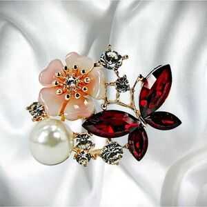 Red Crystal Butterfly Flower Pin Brooch with White Pearl and Crystals - NEW